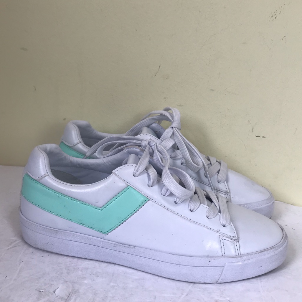 Pony White Tennis Training Athletic Sneaker Shoe Teal Logo Vegan Faux Leather